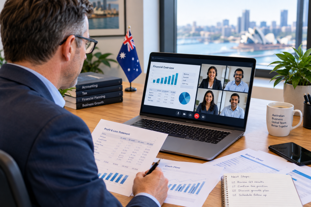 Australian-business-discussing-offshore-accounting-services-with-a-remote-finance-team